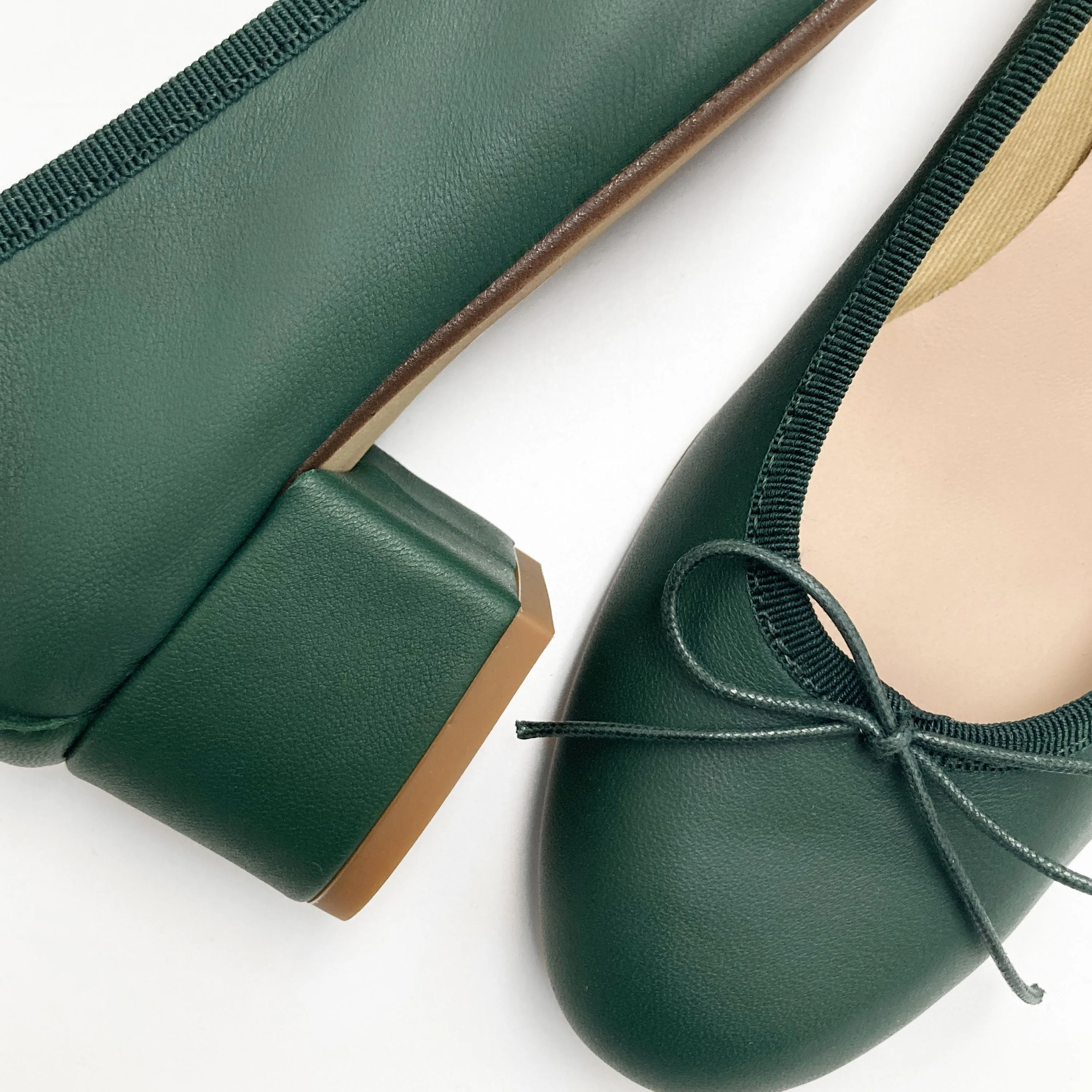 Bottle green leather ballet shoes with heels