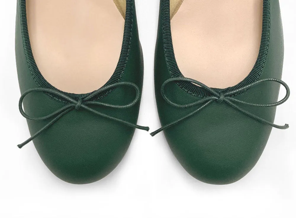 Bottle green leather ballet shoes with heels