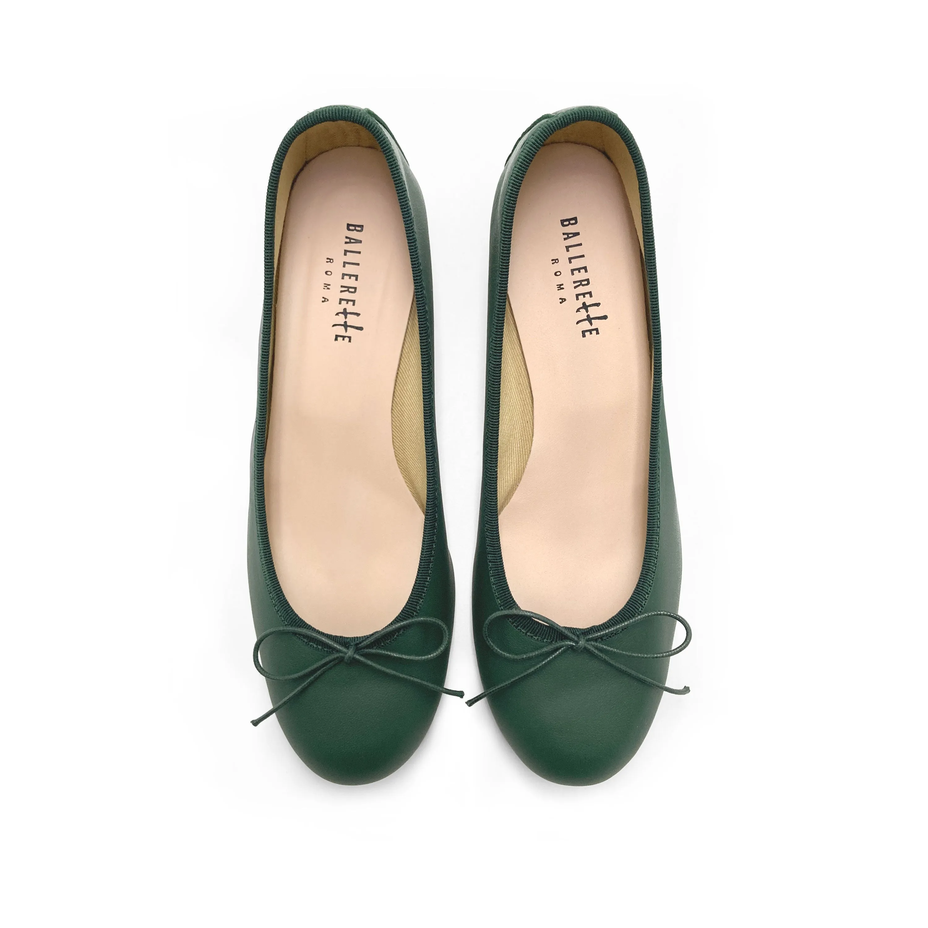 Bottle green leather ballet shoes with heels