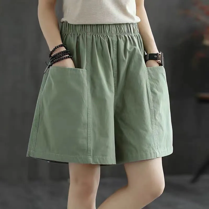 Buddha Stones Summer Casual Plain Straight Overalls Cotton Women's Shorts With Pockets