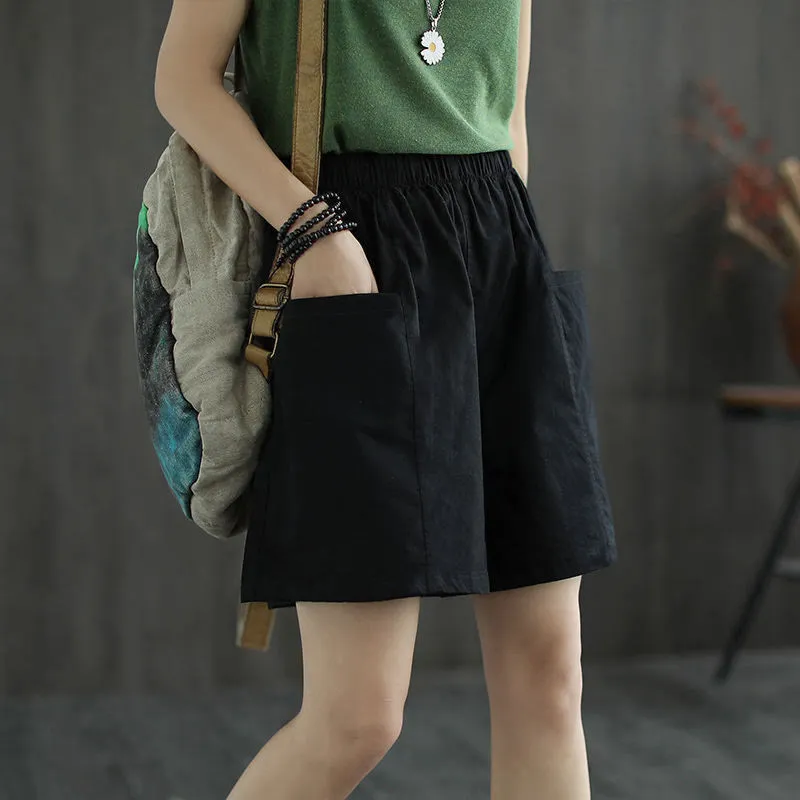 Buddha Stones Summer Casual Plain Straight Overalls Cotton Women's Shorts With Pockets