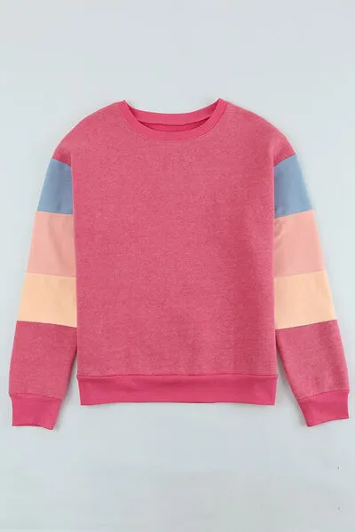 Color Block Round Neck Long Sleeve Sweatshirt