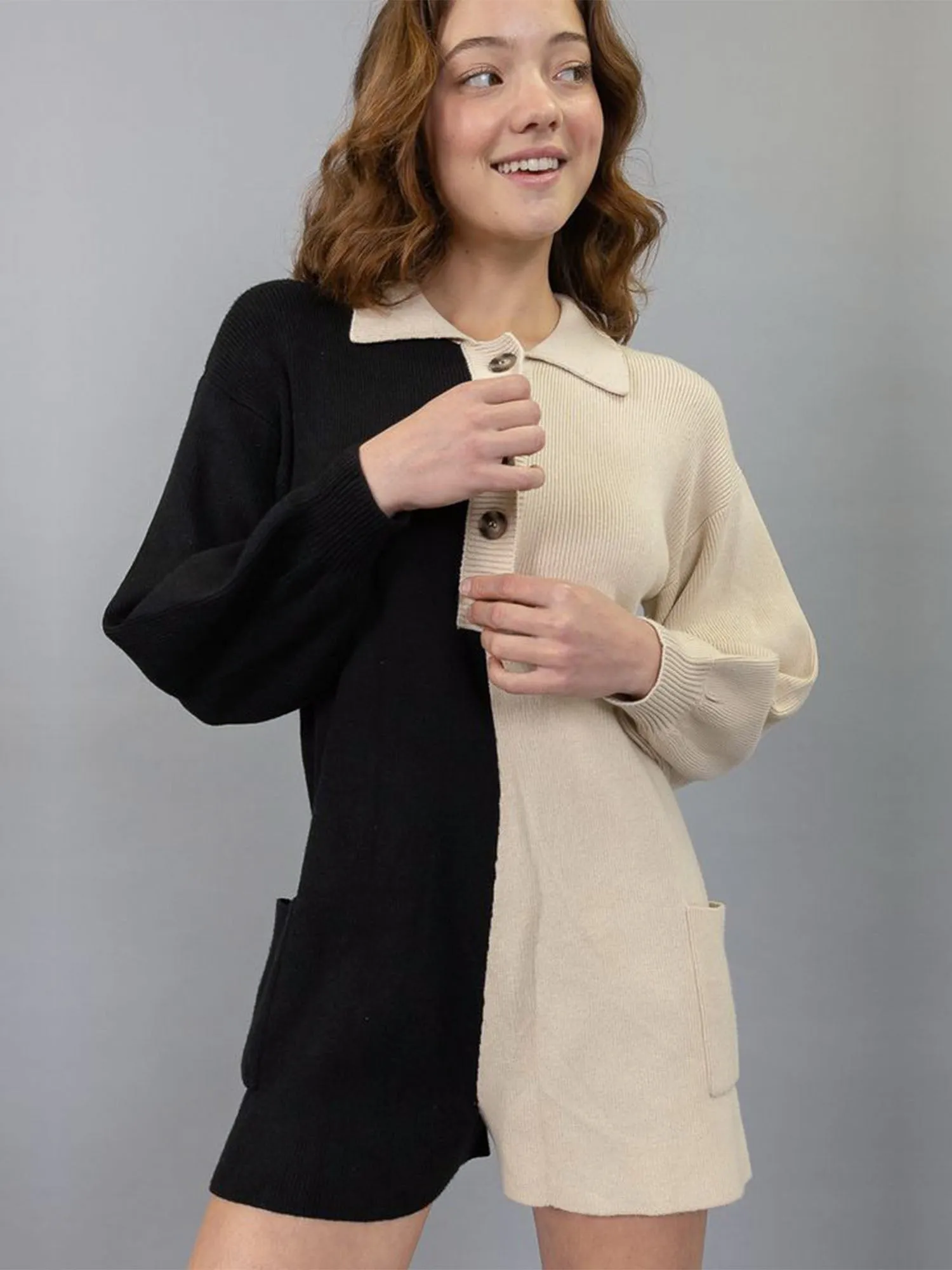 Colorblock Button Down Sweater Romper