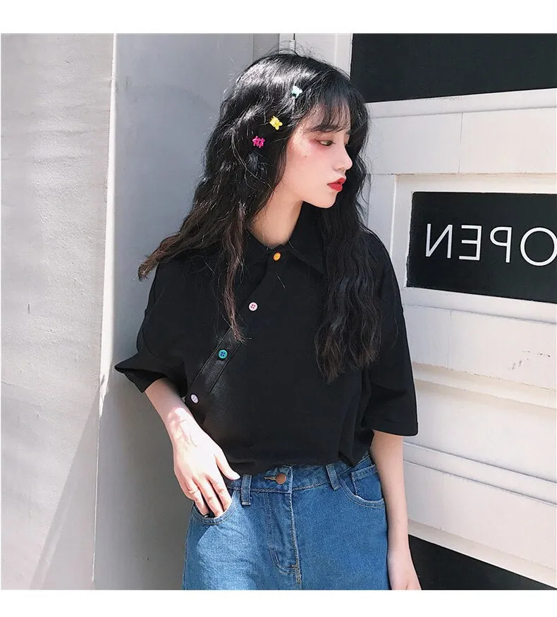 Colorful Button Cute Irregular Solid Shirt