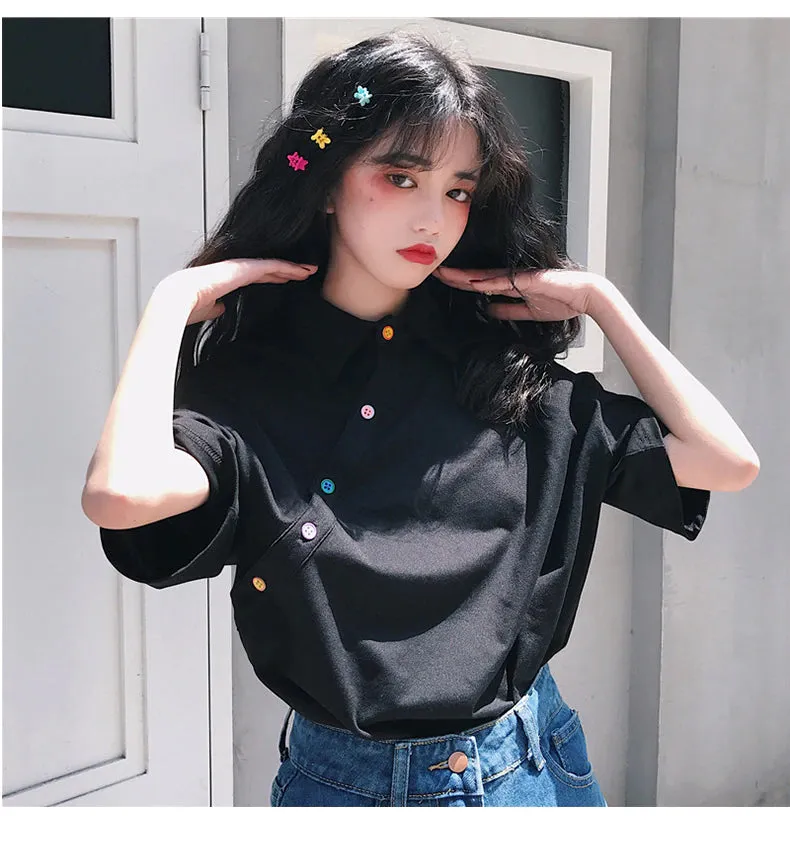 Colorful Button Cute Irregular Solid Shirt