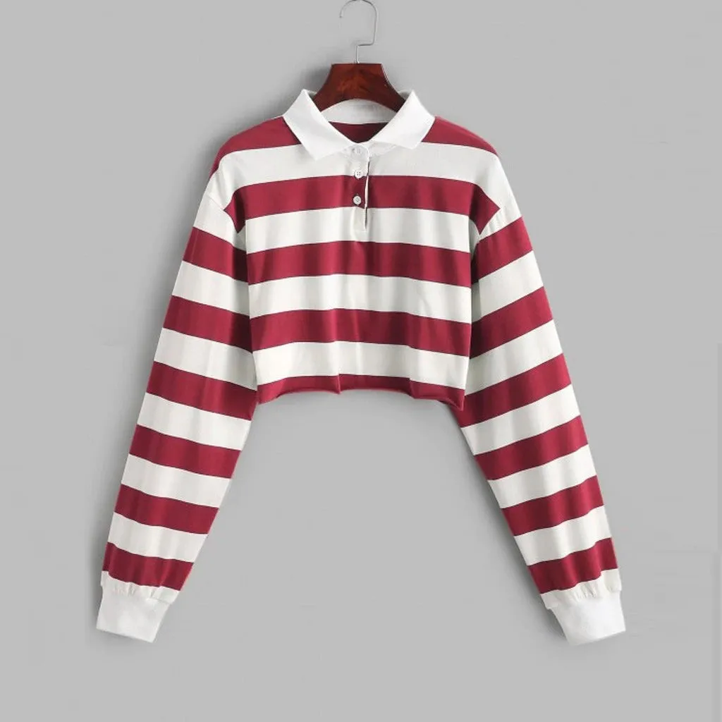Colors Striped Long Sleeve Collar Cropped Shirt