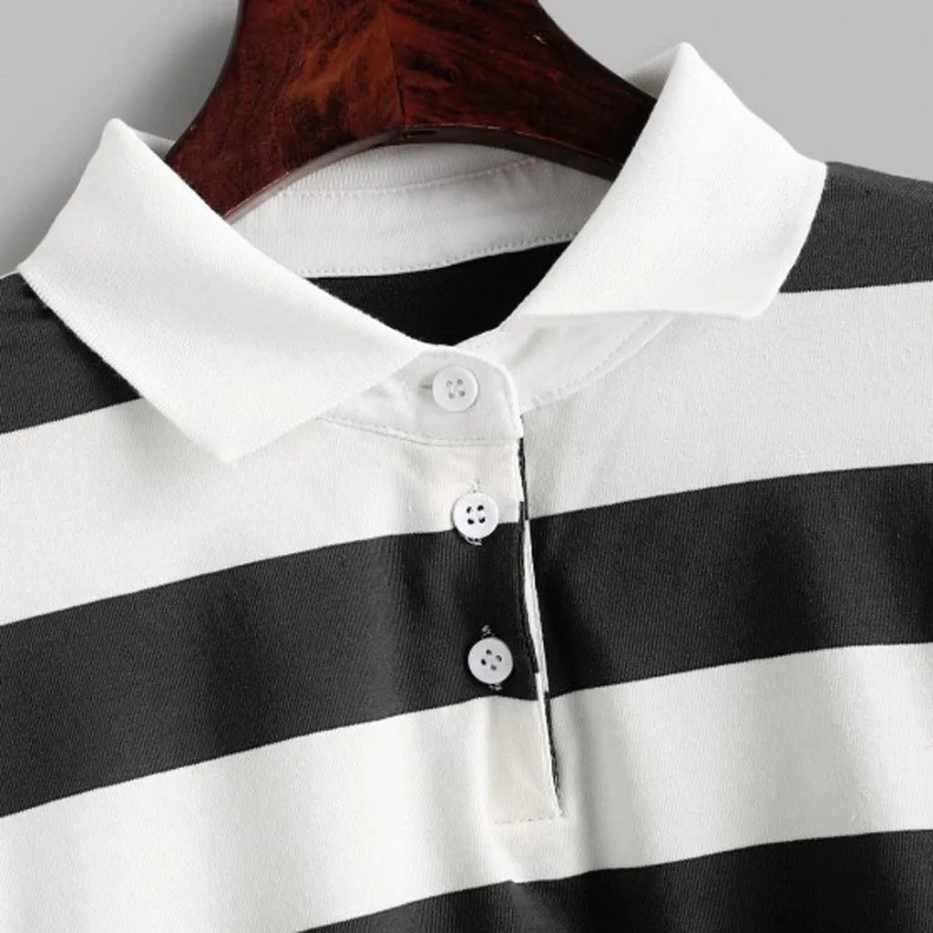 Colors Striped Long Sleeve Collar Cropped Shirt
