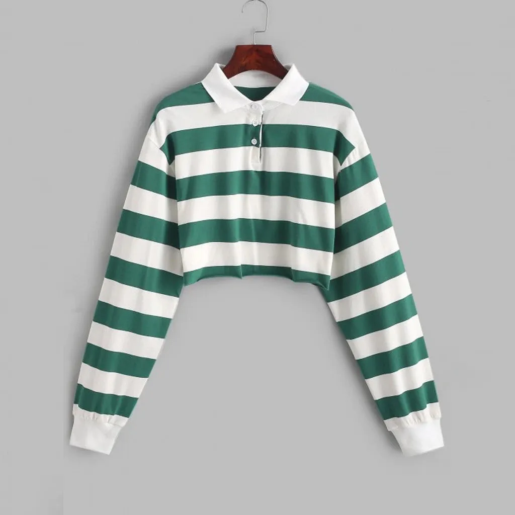 Colors Striped Long Sleeve Collar Cropped Shirt