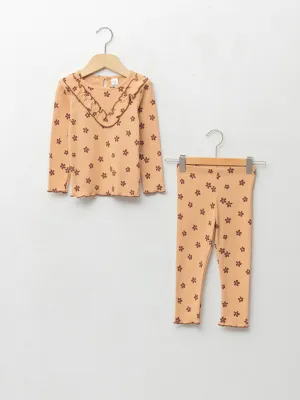 Crew Neck Long Sleeve Patterned Baby Girl Blouse and Tights 2-Piece Set