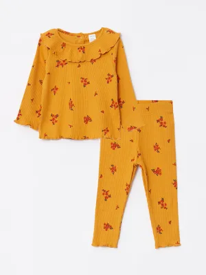 Crew Neck Long Sleeve Patterned Baby Girl Sweatshirt and Tights 2-Piece Set