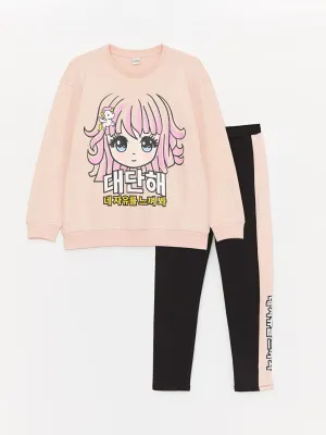 Crew Neck Long Sleeve Printed Girls Sweatshirt And Leggings Trousers