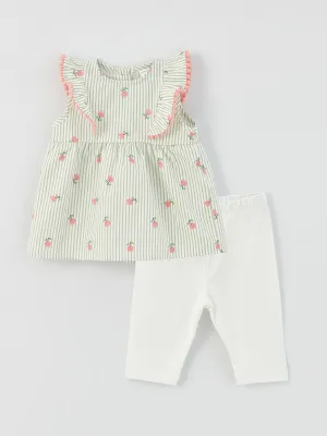 Crew Neck Patterned Baby Girl Blouse and Tights 2-Piece Set
