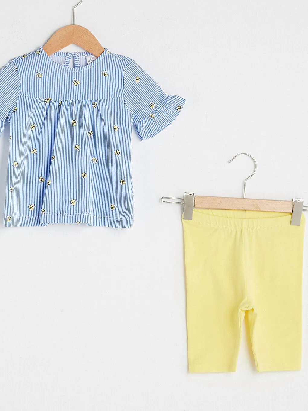 Crew Neck Short Sleeve Patterned Cotton Baby Girl T-Shirt and Tights Set of 2