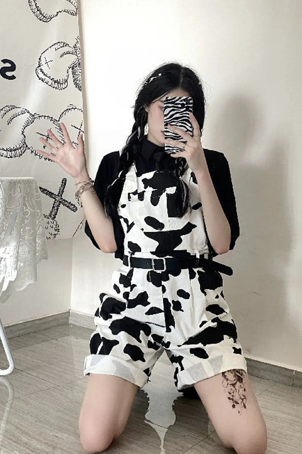 Cute Cow Printed Casual Shorts Jumpsuits