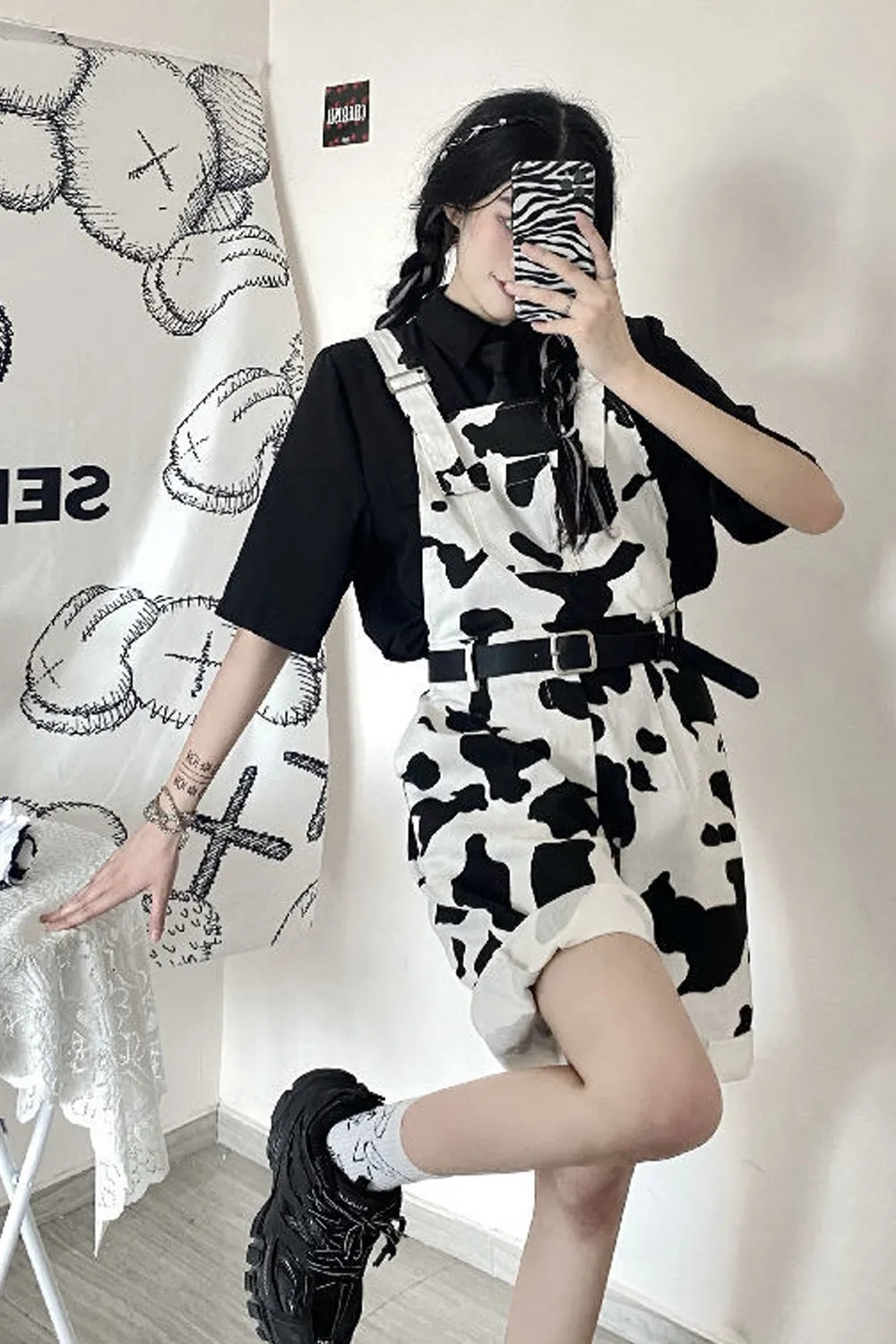 Cute Cow Printed Casual Shorts Jumpsuits
