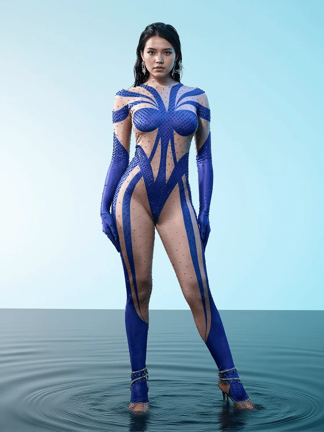 Fabian Rhinestone Printed Gloves Jumpsuit In Blue