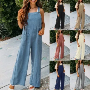 Fashion Square Neck Jumpsuit with Pockets, Spring Summer Casual Solid Color Loose Overalls