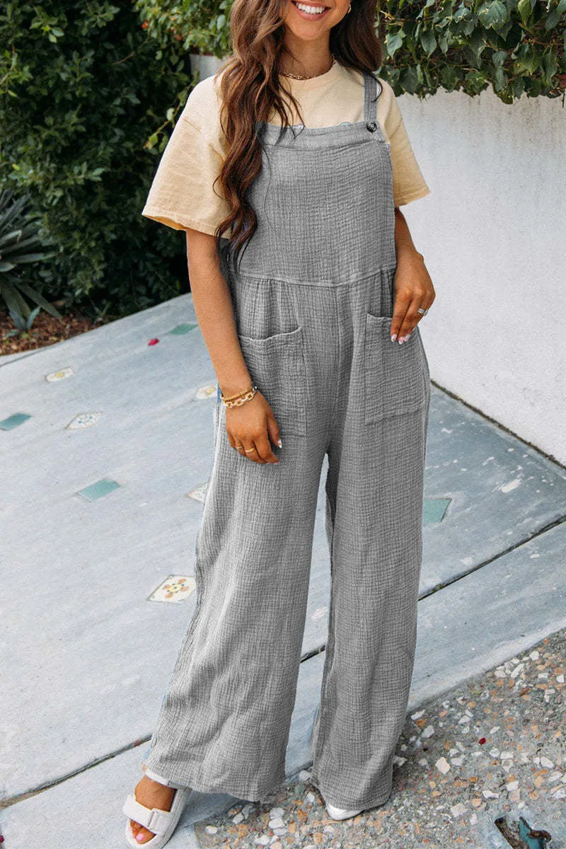 Fashion Square Neck Jumpsuit with Pockets, Spring Summer Casual Solid Color Loose Overalls