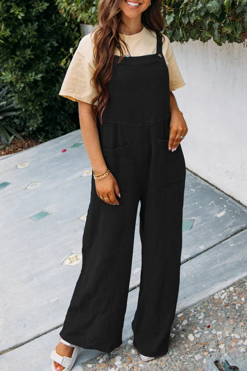 Fashion Square Neck Jumpsuit with Pockets, Spring Summer Casual Solid Color Loose Overalls