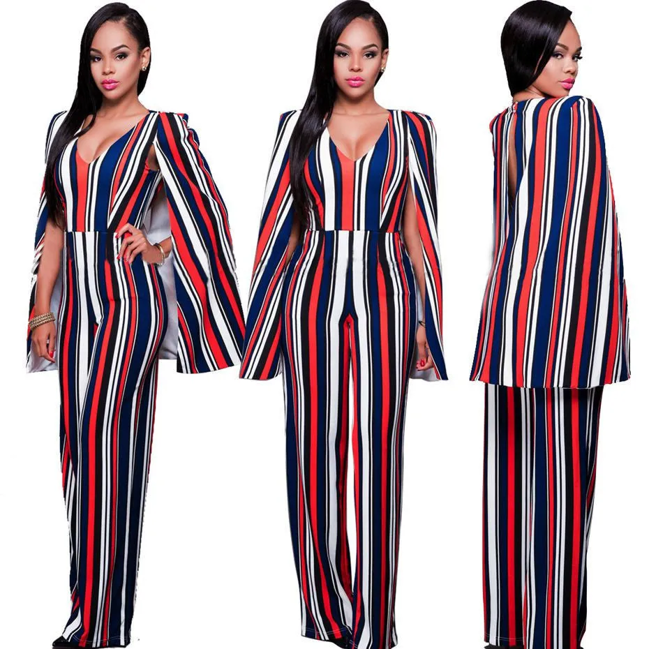 Fashion V Neck One Piece Jumpsuit Sleeveless Backless Bodysuit Cloak Striped Romper Woman Overalls Elegant Playsuit