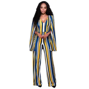 Fashion V Neck One Piece Jumpsuit Sleeveless Backless Bodysuit Cloak Striped Romper Woman Overalls Elegant Playsuit