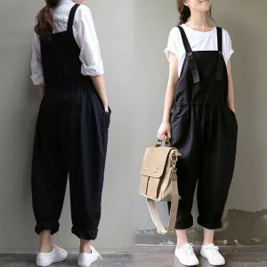 Fashion Women Bib Overalls trousers Loose Long Black Cotton Pants Plus Size