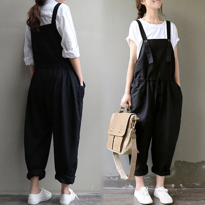 Fashion Women Bib Overalls trousers Loose Long Black Cotton Pants Plus Size