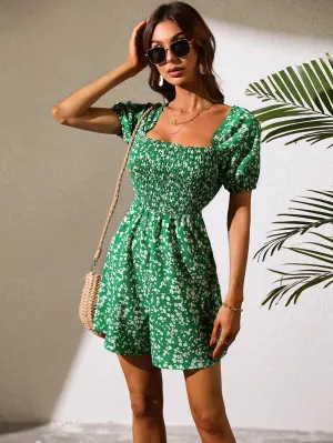 Green Printed Romper With Smocking