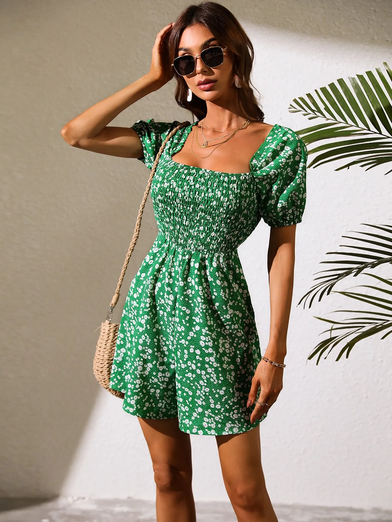 Green Printed Romper With Smocking