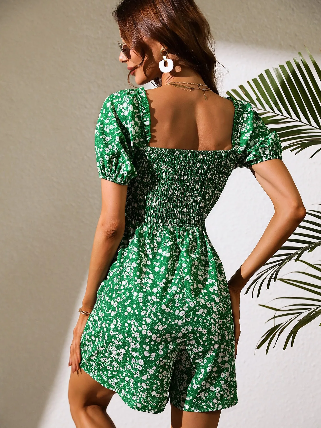 Green Printed Romper With Smocking