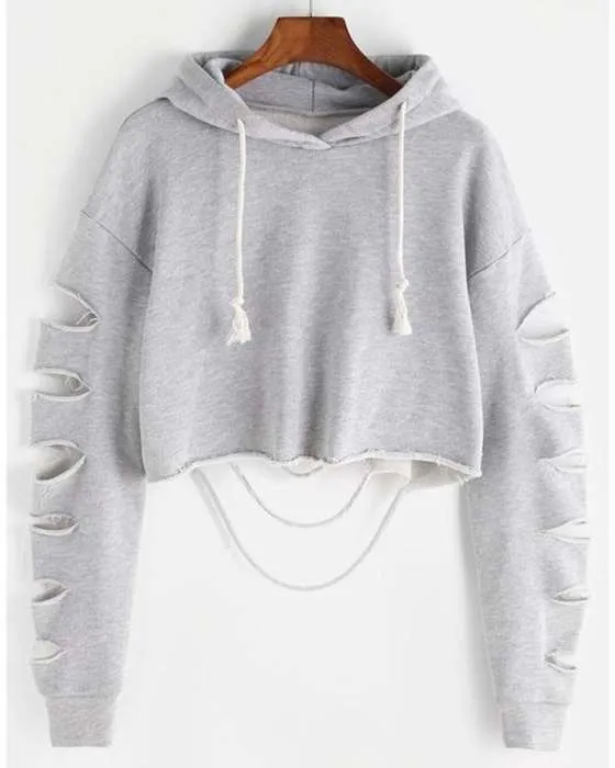 GREY DAMAGE CROPPED HOODIE FOR womens