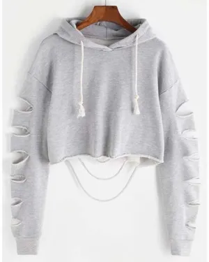 GREY DAMAGE CROPPED HOODIE FOR womens