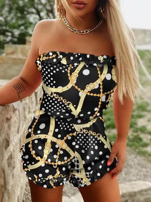High Waisted Sleeveless Printed Ruffled Tube Rompers