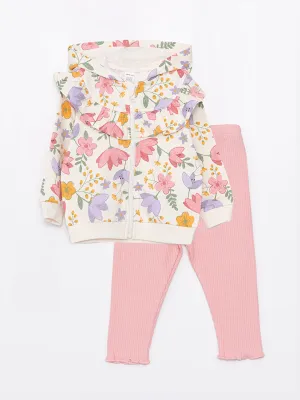 Hooded Long Sleeve Floral Patterned Baby Girl Cardigan and Leggings 2-Piece Set