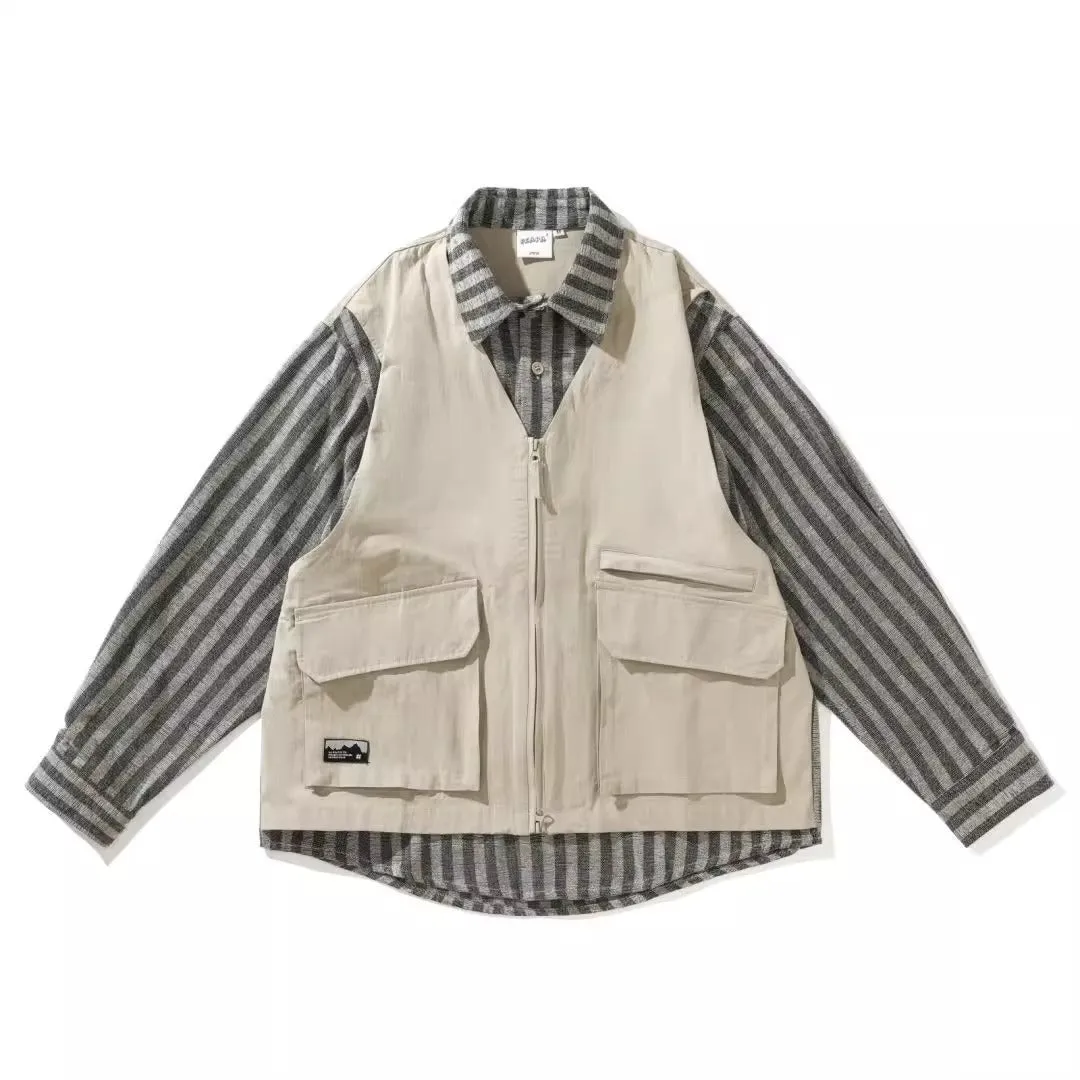 Japanese-style Retro Striped Fake Two Pieces Vest Workwear Shirt Plus Overalls Suit Men's Casual Simple