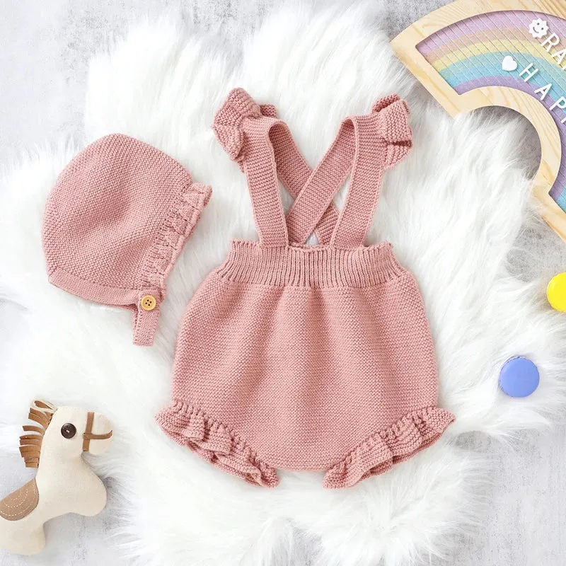 Knitted Ruffled Romper & Bonnet