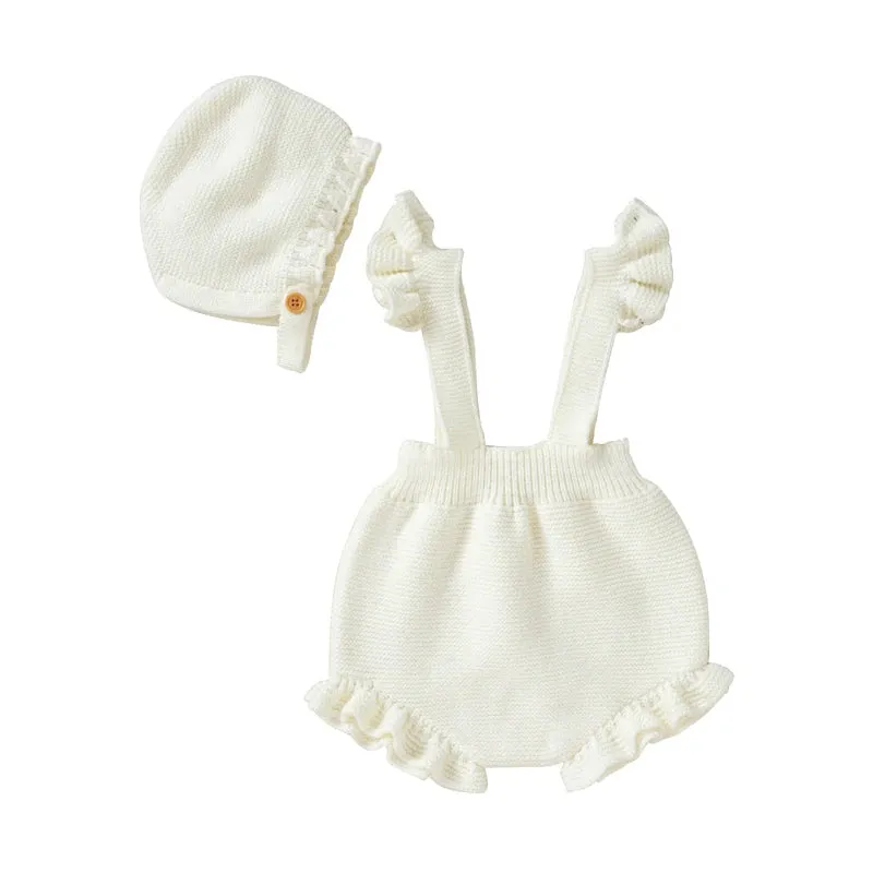 Knitted Ruffled Romper & Bonnet