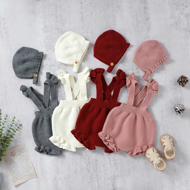 Knitted Ruffled Romper & Bonnet