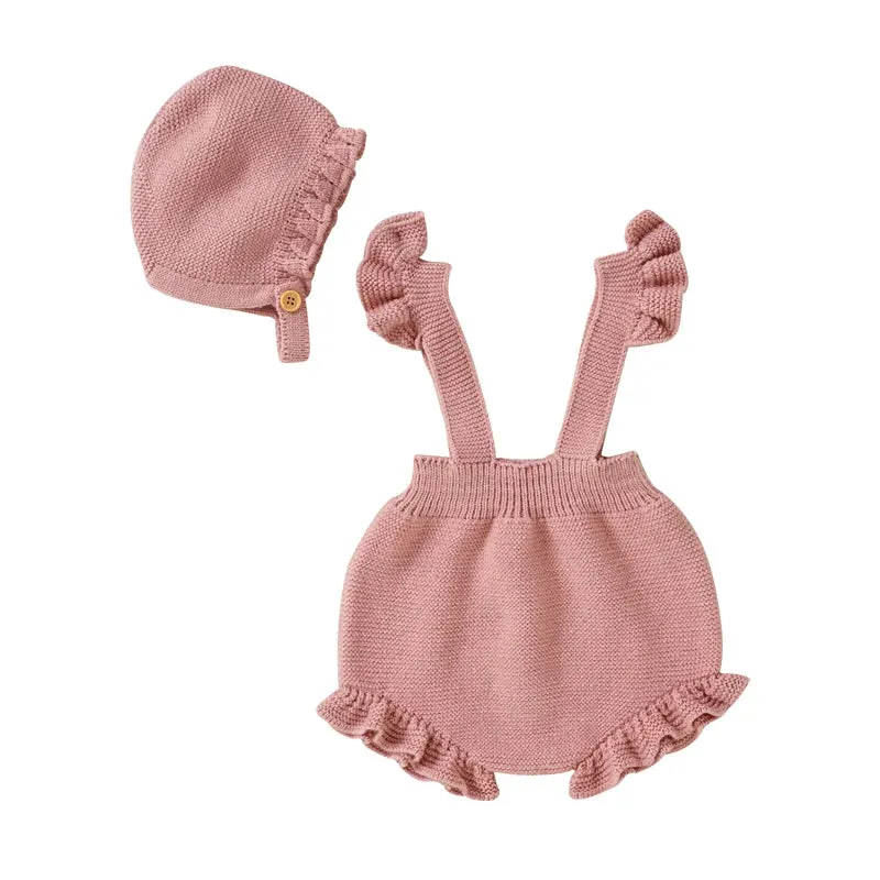 Knitted Ruffled Romper & Bonnet