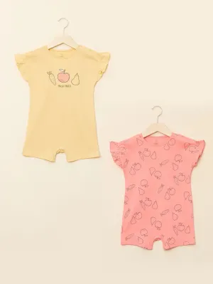 LCW Green Crew Neck Short Sleeve Printed Organic Cotton Baby Girl Rompers 2 Pack