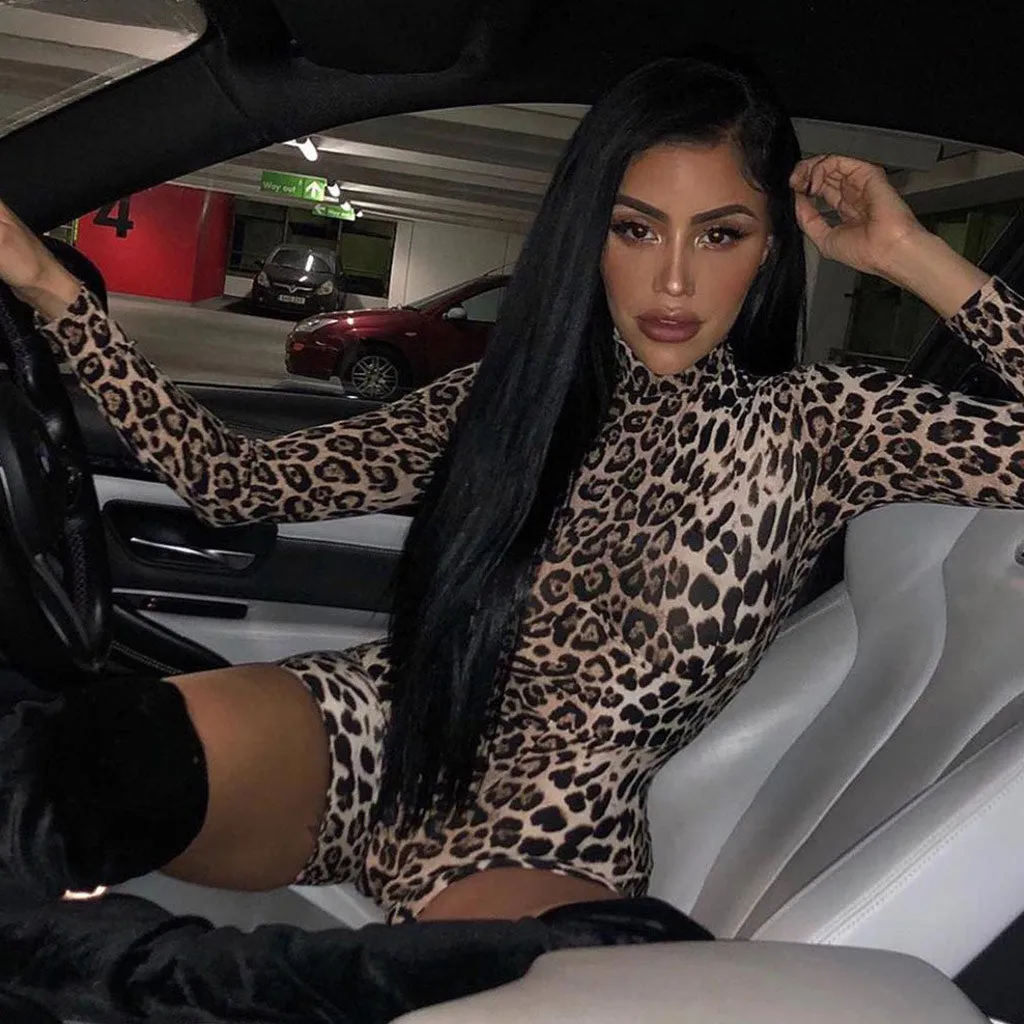Leopard Printed High Neck Long Sleeve Romper - Coffee