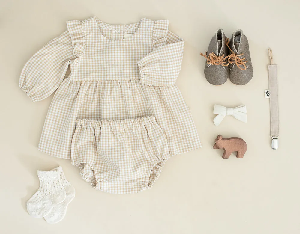 Longsleeve Ruffle Dress - Gingham Caramel