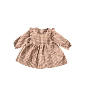 Longsleeve Ruffle Dress - Gingham Caramel