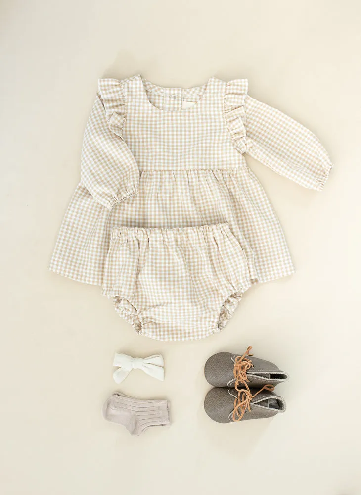 Longsleeve Ruffle Dress - Gingham Caramel
