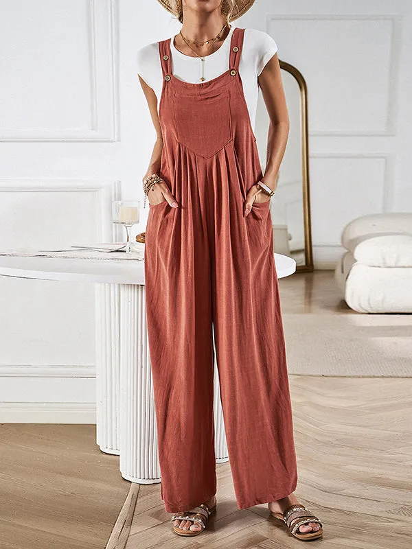 Loose Sleeveless Pleated Pockets Split-Joint Spaghetti-Neck Overalls