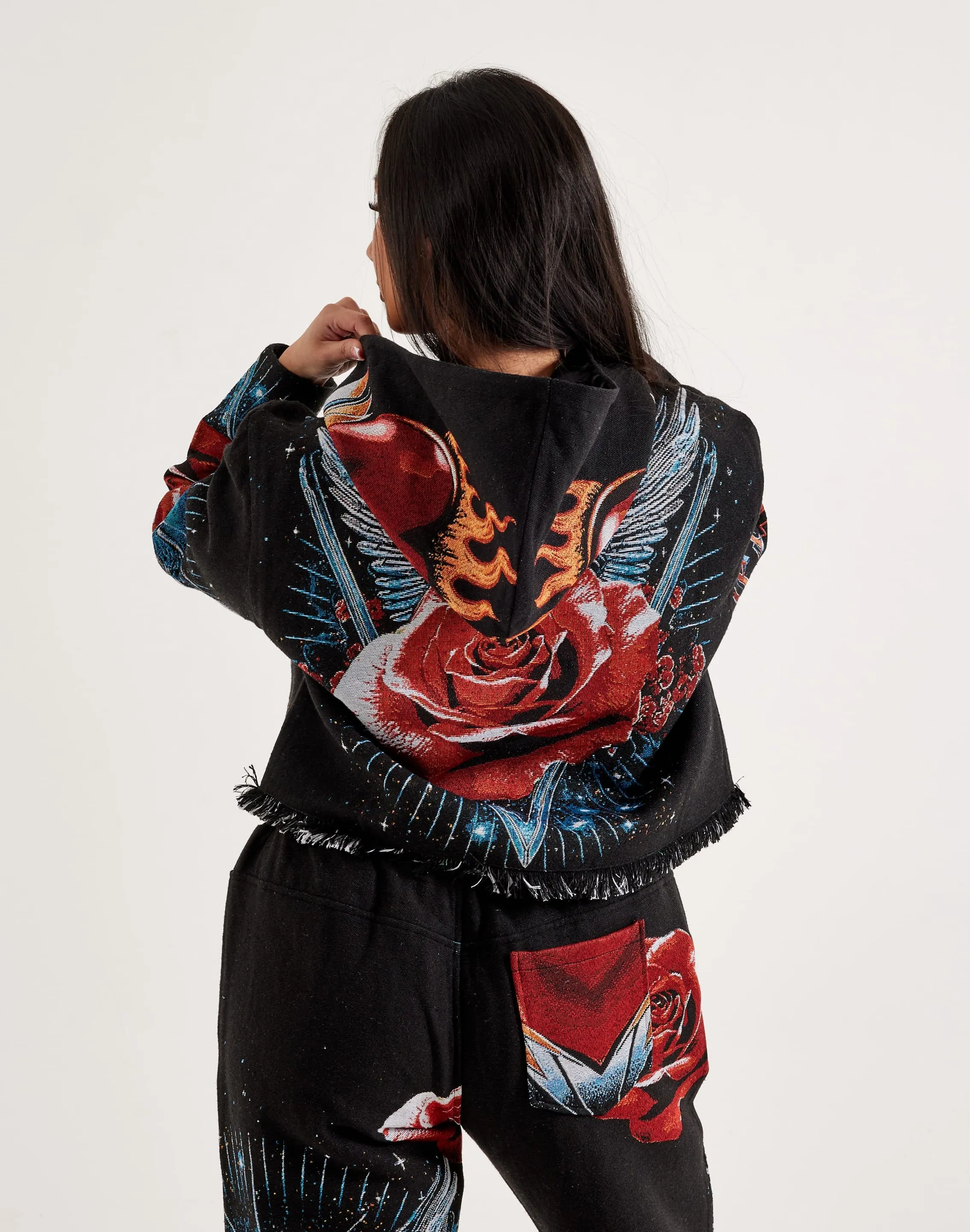Majestik Winged Heart Tapestry Cropped Hoodie
