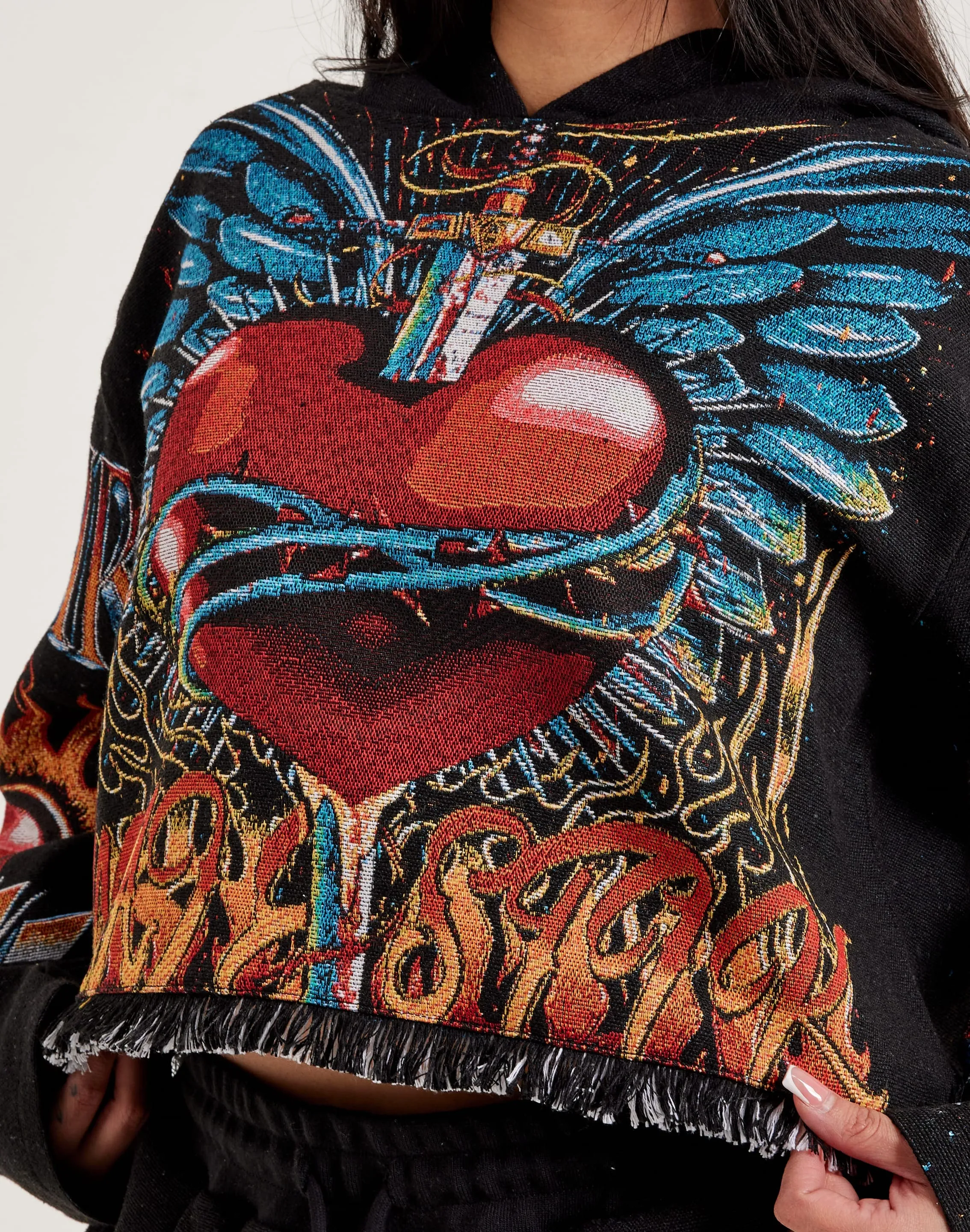 Majestik Winged Heart Tapestry Cropped Hoodie