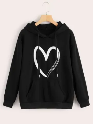 Maroon Heart Printed Fleece Full Sleeves Pull Over Hoodie For Women