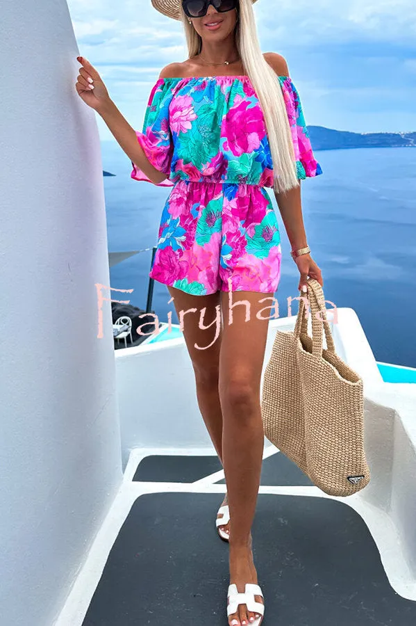 Meet At Sunset Printed Off Shoulder Belted Loose Romper