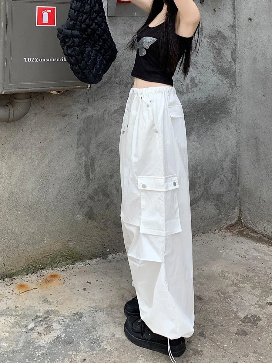 N16 New High Street Drawstring Loose Design Trousers Straight White Overalls for Women